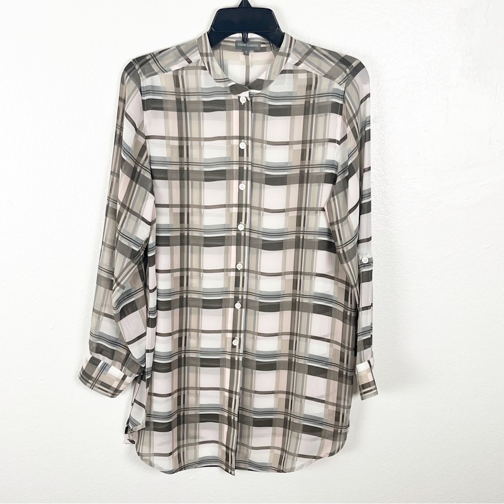 VINCE CAMUTO Sheer Long Sleeves Plaid High Side SlitsButton Top Small Casual